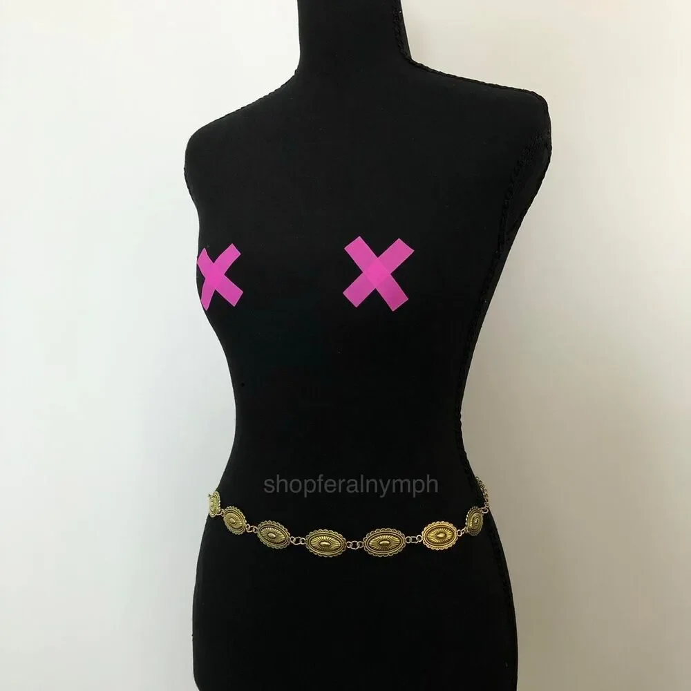Vintage Y2K Western Gold-Tone Concho Chain Belt, Fits 16–39.5 Inches, X7GA1216
